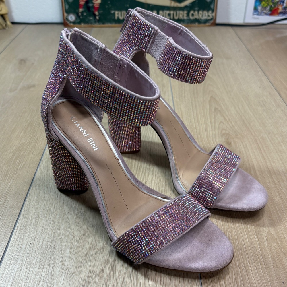 Gianni Bini Pink Iridescent Rhinestone Block Heel Sandals Ankle Strap Mauve 8M
